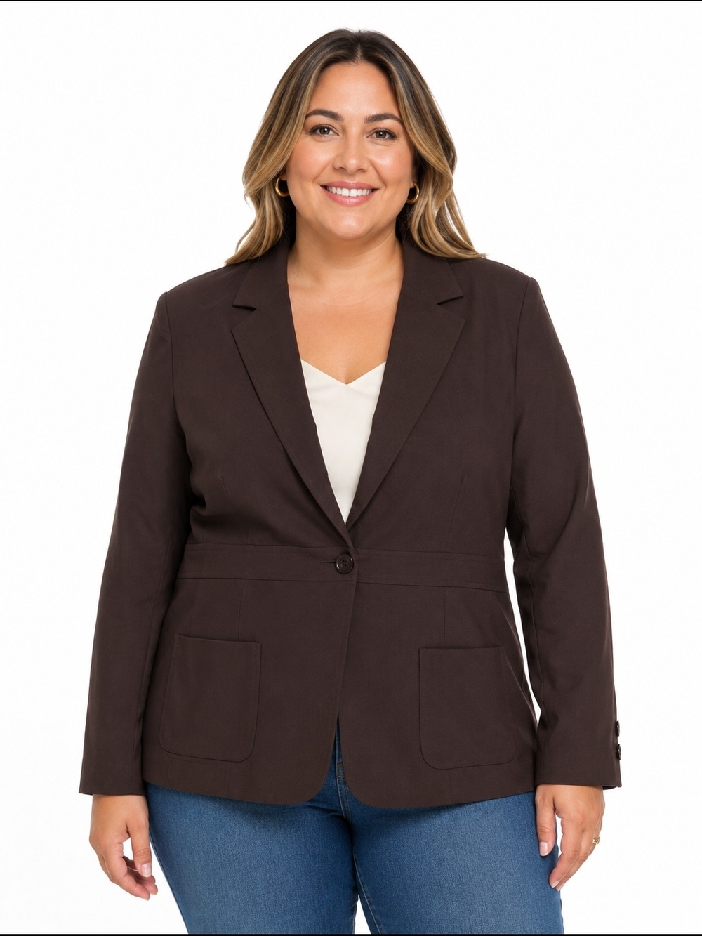 Sag Harbor Stretch Brown Blazer Size 14 Shoulder Pads Patch Pockets Y2K Career